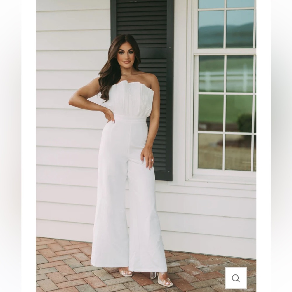 These Three Boutique white pleated strapless jumpsuit. Bridal jumpsuit